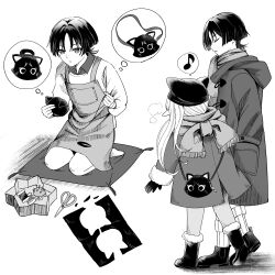 Rule 34 | 1boy, 1girl, alternate costume, apron, caramelo game, closed eyes, commentary request, contemporary, genshin impact, greyscale, hand in pocket, hat, height difference, highres, jacket, long hair, monochrome, nahida (genshin impact), paper cutout, scaramouche (cat) (genshin impact), scaramouche (genshin impact), scarf, scissors, seiza, short hair, simple background, sitting, thought bubble, winter clothes