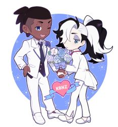 Rule 34 | 2boys, alternate costume, black neckwear, blue eyes, bouquet, buttons, closed mouth, collared shirt, commentary request, creatures (company), dark-skinned male, dark skin, earrings, fang, flower, game freak, hand on own hip, holding, holding hands, jacket, jewelry, korean commentary, male focus, multiple boys, necktie, nintendo, one eye closed, open mouth, pants, piers (pokemon), pokemon, pokemon swsh, raihan (pokemon), shirt, shoes, short hair, smile, sparkle, standing, undercut, white flower, white footwear, white jacket, white pants, white shirt, yaoi, zigzagdb