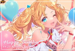 Rule 34 | 1girl, absurdres, balloon, birthday, blonde hair, blue eyes, commentary, copyright name, english commentary, flower, fujimoto kirara, gyaru, happy birthday, highres, kusumoto shizuru, logo, looking at viewer, mahjong soul, nail polish, off shoulder, official art, official wallpaper, one eye closed, open mouth, pink flower, pink nails, pink rose, rose, shirt, solo, twintails, upper body, white shirt