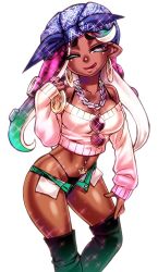 Rule 34 | 1girl, :q, bad id, bad pixiv id, bandana, bikini, bikini bottom only, breasts, cephalopod eyes, chain, chain necklace, chiba toshirou, commentary, contrapposto, dark-skinned female, dark skin, earrings, highres, hoop earrings, jewelry, kneehighs, marina (splatoon), mole, mole under mouth, navel, navel piercing, necklace, nintendo, octoling, off shoulder, one eye closed, piercing, pink pupils, pointy ears, short shorts, shorts, socks, solo, sparkle, splatoon (series), splatoon 2, suction cups, sunglasses, sweater, swimsuit, tentacle hair, thick eyebrows, tongue, tongue out