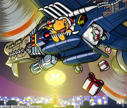 Rule 34 | 2others, aircraft, android, bandai, box, cargodramon, christmas, city, claws, copyright name, digimon, digimon (creature), flying, gift, gift box, gun, hat, helicopter, looking at viewer, looking back, machine gun, multiple others, night, night sky, no humans, official art, santa hat, santaagumon, sharp teeth, sky, smile, teamwork, teeth, tokyo tower, towel, weapon