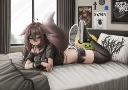 Rule 34 | 1girl, absurdres, ahoge, animal ear fluff, ass, bed sheet, beetle, black footwear, black nails, black shirt, black shorts, black thighhighs, blanket, blush, bracelet, breasts, brown eyes, brown hair, bug, collar, commission, cross, feet up, fishnets, full body, hair ornament, hairclip, heart, heart ahoge, heart hair ornament, highres, insect, jewelry, legs, lobsteranian, long hair, looking at viewer, lying, medium breasts, multiple rings, nail polish, off shoulder, on bed, on stomach, original, pepe the frog, pillow, poster (object), ring, shirt, shoes, short shorts, shorts, single bare shoulder, sneakers, solo, spiked bracelet, spikes, tail, thighhighs, x hair ornament