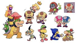 Rule 34 | +++, 4girls, 6+boys, :d, ^ ^, apron, armlet, arms up, baby bowser, baby peach, bandana, black hair, blonde hair, bloomers, blue headwear, blue robe, book, bow, bowser, bowtie, bracelet, brown footwear, cane, checkerboard cookie, claws, clenched teeth, cloak, closed eyes, closed mouth, coat, coffee, coffee mug, coke-bottle glasses, collar, colored skin, commentary, cookie, crown, cup, dress, earrings, elbow gloves, english commentary, facial hair, fang, fawful, flying sweatdrops, food, food on face, glasses, gloves, green headwear, green skin, grin, hat, hat ribbon, highres, holding, holding book, holding cane, holding cup, holding food, holding hands, hollijolli mayor, hood, hood up, hooded cloak, horns, jewelry, kamek, kylie koopa, lab coat, long hair, long sleeves, mario &amp; luigi: partners in time, mario &amp; luigi rpg, mario (series), mug, multiple boys, multiple girls, mustache, nervous, nintendo, one eye closed, open clothes, open mouth, open vest, pacifier, pink dress, pink footwear, pink ribbon, princess peach, professor elvin gadd, puffy short sleeves, puffy sleeves, purple vest, raised eyebrows, red bow, red bowtie, red cloak, red hair, red vest, ribbon, rinabee (rinabele0120), robe, round eyewear, shoes, short sleeves, simple background, smile, sphere earrings, spiked armlet, spiked bracelet, spiked collar, spiked shell, spiked tail, spikes, sweat, tail, teeth, thumbprint cookie, toad (mario), toadbert, toadiko, toadsworth, toadsworth the younger, tongue, tongue out, topknot, trembling, turtle shell, underwear, v-shaped eyebrows, vest, waist apron, walking, white apron, white background, white bandana, white bloomers, white coat, white gloves, wide-eyed, wide sleeves
