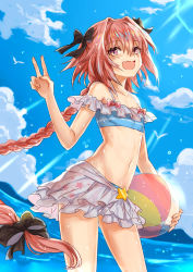 Rule 34 | 1boy, astolfo (fate), astolfo (sparkling frills) (fate), ball, bare shoulders, beachball, bikini, black bow, blue bikini, blue sky, blush, bow, braid, collarbone, day, fang, fate/apocrypha, fate/extella, fate/extella link, fate/extra, fate (series), hair between eyes, hair intakes, hand gesture, long braid, long hair, looking at viewer, male focus, miniskirt, multicolored hair, navel, ocean, off-shoulder bikini, off shoulder, official alternate costume, open mouth, pink hair, purple eyes, single braid, skin fang, skirt, sky, smile, solo, standing, star (symbol), star print, streaked hair, striped bikini, striped clothes, sunlight, swimsuit, ten-chan (eternal s), thighs, trap, v, white skirt