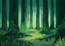 Rule 34 | bush, canopy (forest), clip studio paint (medium), commentary request, day, forest, grass, green theme, highres, making-of available, nature, no humans, original, outdoors, plant, tree, vines, yan pai
