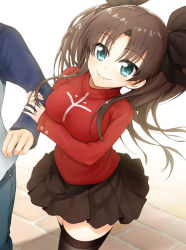 Rule 34 | 1boy, 1girl, alternate hairstyle, aqua eyes, arm grab, arm hug, bad id, bad pixiv id, black thighhighs, blue eyes, breast hold, breasts, brown hair, emiya shirou, fate/stay night, fate (series), hair ribbon, hetero, holding hands, large breasts, long hair, looking at viewer, nona (rocketrock5070), pleated skirt, ribbon, skirt, smile, solo focus, thighhighs, tohsaka rin, twintails, two side up, zettai ryouiki
