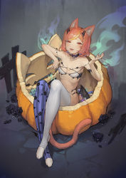 Rule 34 | 1girl, absurdres, animal ears, animal hands, animal print, asymmetrical legwear, bat print, black choker, black flower, black rose, breasts, candy, cat ears, cat girl, cat paws, cat tail, choker, cigarette, collarbone, flower, food, halloween, halloween bucket, highres, holding, holding cigarette, horns, in container, jack-o&#039;-lantern, lingxia, looking at viewer, mismatched legwear, nail polish, orange eyes, orange hair, original, rose, short hair, small breasts, smoke, solo, tail, thighhighs