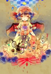 Rule 34 | 1girl, ascot, bat wings, blue flower, blue hair, blue rose, cha goma, cha ichigo, checkerboard cookie, cookie, crown, cup, cupcake, female focus, flower, food, hair ornament, hat, hat ribbon, heart, highres, jewelry, key, letter, open mouth, pen, pocket watch, puffy sleeves, red eyes, remilia scarlet, ribbon, ring, rose, short hair, short sleeves, solo, stuffed animal, stuffed toy, tea, teacup, touhou, watch, wings