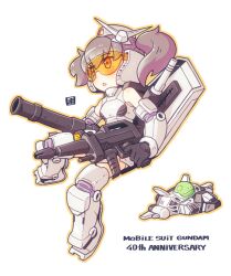 Rule 34 | 1girl, anniversary, armored boots, armored leotard, bare shoulders, bazooka (gundam), beam rifle, black gloves, boots, brown hair, commentary request, cosplay, dual wielding, energy gun, full body, glasses, gloves, gun, gundam, haro, holding, holding gun, holding weapon, long hair, mawaru (mawaru), mobile suit gundam, non-humanoid robot, open mouth, orange outline, robot, rx-78-2, rx-78-2 (cosplay), science fiction, simple background, solo, triangle mouth, twintails, v-fin, weapon, white background