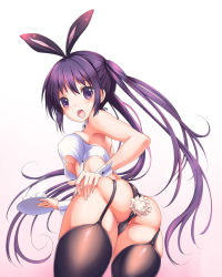Rule 34 | 1girl, animal ears, ass, ass grab, bare shoulders, black thighhighs, blush, breasts, bunny girl, cleavage, detached collar, fake animal ears, from behind, from below, garter straps, gochuumon wa usagi desu ka?, grabbing own ass, gradient background, hairband, highres, long hair, open cuffs, purple eyes, purple hair, rabbit ears, rabbit tail, simple background, skindentation, solo, sora to umi, tail, tedeza rize, thighhighs, twintails, underboob, very long hair, wrist cuffs