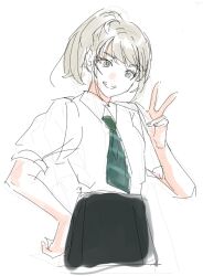 Rule 34 | 1girl, black skirt, collared shirt, girls band cry, green necktie, grey eyes, grin, hand up, highres, kawaragi momoka, light brown hair, long hair, looking at viewer, necktie, open mouth, ponytail, school uniform, shirt, simple background, skirt, smile, solo, twstsnmas, upper body, w, white background, white shirt