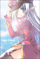 Rule 34 | 1girl, blue eyes, blue nails, blush, cloud, day, emily (pure dream), hair over one eye, hand on headwear, hand on own hip, hat, heart, high priest (ragnarok online), korean text, lips, long hair, looking at viewer, nail polish, pointy ears, ragnarok online, ribbon, solo, thighhighs, white hair