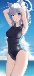 Rule 34 | 1girl, armpits, blue archive, blue eyes, blue sky, breasts, competition swimsuit, covered navel, grey hair, hair ornament, hairclip, highleg, highleg swimsuit, highres, long hair, looking at viewer, medium breasts, mismatched pupils, multicolored clothes, multicolored swimsuit, nyuu (pixiv12143565), one-piece swimsuit, outdoors, shiroko (blue archive), sky, solo, swimsuit, thighs, two-tone swimsuit, wet, wet clothes, wet swimsuit, x hair ornament