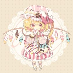 Rule 34 | 1girl, bag, black bow, blonde hair, blush, bow, chibi, collared shirt, commentary, covering own mouth, crystal, doughnut, eyebrows hidden by hair, flandre scarlet, food, frilled shirt collar, frilled skirt, frills, full body, handbag, hat, hat bow, highres, holding, holding food, long hair, looking at viewer, mob cap, multicolored clothes, multicolored skirt, neck ribbon, nikorashi-ka, pink bow, pink hat, pink ribbon, pink shirt, polka dot, polka dot background, red eyes, ribbon, shirt, side ponytail, skirt, solo, star (symbol), star in eye, striped, striped bow, symbol in eye, touhou, waist bow, wings
