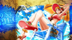 Rule 34 | 1girl, breasts, cloud, female focus, large breasts, looking at viewer, nami (one piece), ocean, one eye closed, one piece, open mouth, orange hair, sandals, smile, sun, tagme, wink