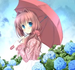 Rule 34 | absurdres, asakura otome, blue eyes, blush, brown hair, closed mouth, cloud, cloudy sky, commentary request, da capo, da capo ii, day, flower, hair between eyes, hair ornament, hair over shoulder, highres, holding, holding umbrella, hydrangea, kayura yuka, long sleeves, looking at viewer, looking to the side, outdoors, rain, skirt, sky, smile, solo, umbrella, white skirt