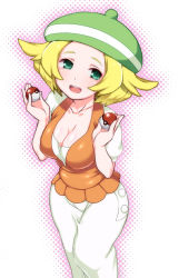 Rule 34 | 10s, 1girl, :d, bad id, bad pixiv id, bianca (pokemon), blonde hair, breasts, cleavage, collarbone, creatures (company), curvy, dress, game freak, green eyes, hat, hizuki akira, holding, holding poke ball, large breasts, nintendo, open mouth, poke ball, pokemon, pokemon bw, short hair, smile, solo, wide hips