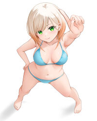 Rule 34 | 1girl, absurdres, arm up, armpits, barefoot, bikini, blonde hair, blue bikini, breasts, character request, copyright request, gibun (sozoshu), green eyes, highres, looking at viewer, looking up, medium breasts, short hair, simple background, smile, solo, stomach, swimsuit, thighs, white background