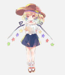 Rule 34 | 1girl, bare shoulders, black skirt, blonde hair, blush, closed mouth, commentary, dot mouth, flandre scarlet, flower, hat, hiyuu (hiyualice), pink flower, puffy short sleeves, puffy sleeves, red eyes, shirt, shoes, short hair, short sleeves, skirt, socks, solo, star (symbol), touhou, white shirt, white socks, wings