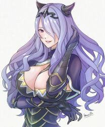 1girl arm_under_breasts armor black_armor black_horns blush breasts camilla_(fire_emblem) cleavage commentary_request fake_horns fire_emblem fire_emblem_fates gauntlets grin hair_ornament hair_over_one_eye highres horns kousetu0506 large_breasts long_hair looking_at_viewer nintendo one_eye_covered pink_eyes purple_hair signature simple_background smile solo wavy_hair white_background