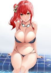 Rule 34 | 1girl, absurdres, ahoge, arm support, azur lane, bikini, black bikini, blush, breasts, cleavage, collarbone, goggles, goggles around neck, groin, hair ornament, highres, large breasts, legs together, long hair, looking at viewer, multi-strapped bikini, navel, poolside, red hair, shunichi, side ponytail, sitting, skindentation, soaking feet, solo, stomach, swimsuit, thighs, zara (azur lane), zara (poolside coincidence) (azur lane)