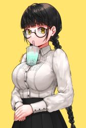 Rule 34 | 1girl, absurdres, artist name, black-framed eyewear, black skirt, blunt bangs, braid, breasts, bubble tea, bubble tea challenge, cup, disposable cup, drinking, drinking straw, eyes visible through eyewear, highres, impossible clothes, impossible shirt, large breasts, long hair, long sleeves, looking at viewer, meme, nemuaki, object on breast, original, own hands together, shirt, sidelocks, simple background, skirt, solo, standing, thick eyebrows, twin braids, very long hair, white shirt, yellow background, yellow eyes