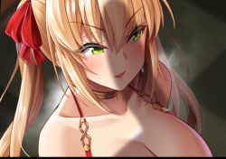 Rule 34 | 1girl, bare shoulders, bikini, blonde hair, blush, breasts, collarbone, earrings, fate/extra, fate (series), green eyes, hair ribbon, jewelry, large breasts, long hair, neck ring, nero claudius (fate), nero claudius (fate) (all), nero claudius (fate/extra), oni-noboru, parted lips, penis shadow, red bikini, red ribbon, ribbon, smile, swimsuit, twintails