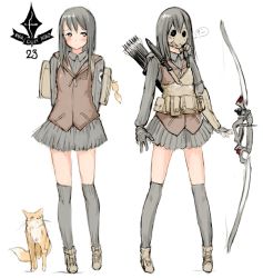 Rule 34 | 1girl, arms behind back, arrow (projectile), black hair, black socks, blue eyes, blush, bow (weapon), combat knife, dual persona, fox, gloves, kneehighs, knife, load bearing vest, mask, military, milizian!, original, over-kneehighs, quiver, school uniform, sheath, sheathed, skirt, socks, solo, thighhighs, waistcoat, weapon, yrafy