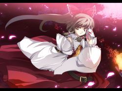 Rule 34 | 1girl, ascot, brown eyes, brown hair, cherry blossoms, detached sleeves, female focus, fox mask, hakurei reimu, holding, letterboxed, long sleeves, looking at viewer, mask, outdoors, petals, plant, ribbon-trimmed sleeves, ribbon trim, solo, tokiame, touhou, tree, wallpaper, wind