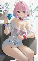 Rule 34 | 1girl, ahoge, bare legs, bare shoulders, blouse, blue flower, blue hair, blue rose, blush, bracelet, breasts, cleavage, collar, collarbone, feet out of frame, flower, flower pot, frown, heart, highres, holding, holding flower, idolmaster, idolmaster cinderella girls, jewelry, large breasts, looking away, looking to the side, multicolored hair, no pants, off-shoulder shirt, off shoulder, petals, pink hair, plant, potted plant, print shirt, purple eyes, rose, rose petals, shirt, short hair, short sleeves, sitting, skeleton print, solo, thighs, two-tone hair, white shirt, yumemi riamu, yuu (yuu ammy)