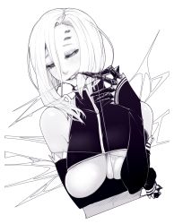 Rule 34 | 10s, 1girl, arachne, arthropod girl, biting, breasts, claws, detached sleeves, extra eyes, greyscale, hair over one eye, highres, insect girl, large breasts, materclaws, monochrome, monster girl, monster musume no iru nichijou, navel, purple theme, rachnera arachnera, short hair, silk, skindentation, solo, spider girl, spider web, taur, underboob, upper body