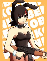 Rule 34 | 1girl, absurdres, ak-47, animal ears, assault rifle, black bow, black bowtie, black hair, bow, bowtie, breasts, chainsaw man, character name, detached collar, fake animal ears, gun, hair ornament, hairclip, higashiyama kobeni, highres, holding, holding gun, holding weapon, kalashnikov rifle, kermittend, leotard, looking to the side, medium hair, pantyhose, playboy bunny, rabbit ears, rifle, short ponytail, simple background, single sidelock, small breasts, solo, strapless, strapless leotard, swept bangs, weapon, wrist cuffs, yellow background