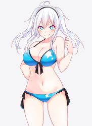 Rule 34 | 1girl, ahoge, bare arms, bare shoulders, bikini, black hairband, blue bikini, blue eyes, bow, bow bikini, breasts, cleavage, closed mouth, cowboy shot, gluteal fold, grey background, hairband, hand up, highres, large breasts, long hair, looking at viewer, navel, original, side-tie bikini bottom, simple background, smile, solo, standing, star-shaped pupils, star (symbol), suruga (xsurugax), swimsuit, symbol-shaped pupils, twintails, white hair