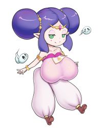 Rule 34 | 1girl, alternate breast size, baggy pants, bare shoulders, breasts, collarbone, double bun, ghost, green eyes, half-closed eyes, highres, huge breasts, jewelry, lisden, looking at viewer, naughty face, oppai loli, pandora (youkai watch), pants, pointy ears, purple hair, simple background, smile, solo focus, white background, traditional youkai, youkai watch
