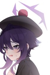 Rule 34 | 1girl, black hat, blue archive, blush, hair between eyes, halo, haruka (blue archive), hat, highres, long hair, open mouth, pom pom (clothes), portrait, purple eyes, purple hair, purple halo, simple background, solo, suzu (tonami0726), white background