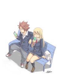 Rule 34 | 1boy, 1girl, artist name, bag, bench, blonde hair, blush, breasts, closed eyes, fairy tail, food, hair between eyes, handbag, holding, holding phone, ice cream, ice cream cone, large breasts, long hair, lucy heartfilia, mashima hiro, natsu dragneel, official art, pants, phone, pink hair, shoes, simple background, sitting, skirt, socks, tongue, tongue out, watermark, white background