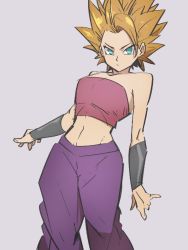 Rule 34 | 1girl, aqua eyes, arms at sides, baggy pants, bare arms, bare shoulders, blonde hair, breasts, caulifla, cleavage, closed mouth, collarbone, dragon ball, dragon ball super, expressionless, eyelashes, feet out of frame, grey background, kemachiku, legs apart, long hair, looking at viewer, medium breasts, midriff, pants, purple pants, simple background, solo, spiked hair, standing, strapless, super saiyan, super saiyan 2, tube top, v-shaped eyebrows, very long hair, wristband