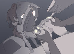 Rule 34 | 10s, 1boy, 1girl, ass, ass grab, blade (galaxist), blue background, blush, bodysuit, brown hair, darling in the franxx, from behind, grey theme, helmet, long hair, looking at viewer, looking back, miku (darling in the franxx), monochrome, muted color, parted lips, simple background, solo focus, sweatdrop, zorome (darling in the franxx)