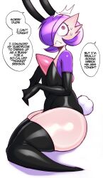 Rule 34 | 1boy, :&lt;, ^^^, absurdres, alternate color, alternate shiny pokemon, animal ears, bare shoulders, black gloves, black leotard, black thighhighs, blush, bob cut, closed mouth, colored skin, constricted pupils, creatures (company), crossdressing, elbow gloves, english text, fake animal ears, fake tail, from side, frown, full body, game freak, gardevoir, gen 3 pokemon, gloves, hair over one eye, hands up, highres, leotard, looking to the side, male focus, male playboy bunny, multicolored skin, nintendo, one eye covered, playboy bunny, pokemon, pokemon (creature), purple hair, purple skin, rabbit ears, rabbit tail, red eyes, saltyxodium, shiny clothes, shiny skin, short hair, simple background, sitting, skindentation, solo, speech bubble, strapless, strapless leotard, surprised, sweat, tail, talking, thick thighs, thighhighs, thighs, trap, two-tone skin, wariza, white background, white skin