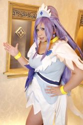 Rule 34 | 1girl, ankle boots, asian, blue eyes, blue hair, boots, bow, bracelet, breasts, choker, chouzuki maryou, cosplay, cure diamond, cure diamond (cosplay), dokidoki! precure, dress, hand on own hip, headpiece, highres, jewelry, large breasts, long hair, magical girl, matching hair/eyes, photo (medium), plump, ponytail, precure, puffy short sleeves, puffy sleeves, ribbon, short sleeves, solo, tiara