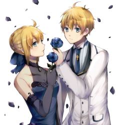 Rule 34 | 1boy, 1girl, arthur pendragon (fate), arthur pendragon (white rose) (fate), artoria pendragon (all), artoria pendragon (fate), blonde hair, blue bow, blue dress, blue eyes, blue flower, blue neckwear, blue rose, bow, breasts, cleavage, collarbone, couple, dress, elbow gloves, fate (series), flower, formal, gloves, grey gloves, hair between eyes, hair bow, holding, holding flower, jacket, medium breasts, necktie, official alternate costume, open mouth, rose, saber (fate), saber (lapis lazuli dress) (fate), see-through, see-through cleavage, short hair, simple background, sleeveless, sleeveless dress, upper body, white background, white jacket, woumu