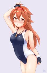 Rule 34 | 1girl, black gloves, blush, breasts, brown hair, competition swimsuit, covered navel, cowboy shot, fingerless gloves, gloves, grey background, hair flaps, hairband, highres, kantai collection, long hair, looking at viewer, medium breasts, one-piece swimsuit, red hairband, shiratsuyu (kancolle), shiratsuyu kai ni (kancolle), solo, swimsuit, two-tone swimsuit, whistle, whistle around neck, zanne