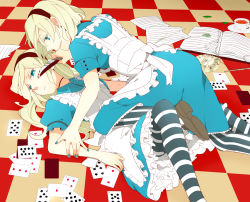 Rule 34 | 2girls, al (arupaka), alice (alice in wonderland), alice in wonderland, apron, aqua dress, aqua eyes, aqua nails, blonde hair, blood, bloody knife, blue dress, blue eyes, book, card, checkered floor, cup, dress, floor, frills, gathers, girl on top, hairband, knife, long hair, lying, multiple girls, nail polish, on back, on floor, open book, pantyhose, playing card, pocket watch, short hair, striped clothes, striped legwear, striped pantyhose, teacup, vertical-striped legwear, watch, weapon