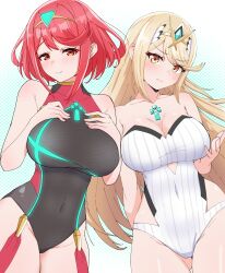 Rule 34 | 2girls, absurdres, bare shoulders, black one-piece swimsuit, blonde hair, blue background, breasts, circlet, cleavage, closed mouth, core crystal (xenoblade), cowboy shot, highres, kamidan, large breasts, long hair, looking at viewer, medium hair, multiple girls, mythra (radiant beach) (xenoblade), mythra (xenoblade), one-piece swimsuit, polka dot, polka dot background, pyra (pro swimmer) (xenoblade), pyra (xenoblade), red eyes, red hair, smile, strapless, strapless one-piece swimsuit, swept bangs, swimsuit, very long hair, white one-piece swimsuit, xenoblade chronicles (series), xenoblade chronicles 2, yellow eyes