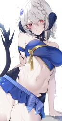 Rule 34 | 1girl, absurdres, arm support, au ra, bare shoulders, bikini, bikini skirt, blue bikini, blush, breasts, cleft of venus, commission, dragon girl, dragon horns, dragon tail, final fantasy, final fantasy xiv, hair between eyes, highres, horns, large breasts, light smile, long hair, looking at viewer, navel, pussy, red eyes, scales, shhilee, signature, simple background, sitting, skeb commission, solo, stomach, swimsuit, tail, warrior of light (ff14), wet, white background, white hair