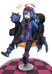 Rule 34 | 1girl, blue hair, boots, button eyes, buttons, creatures (company), game freak, gen 5 pokemon, hair ornament, highres, hitokuirou, hydreigon, nintendo, one eye closed, personification, pokemon, puppet, red eyes, scarf, sitting, solo, stool, tile floor, tiles, wink, zipper