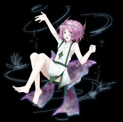 Rule 34 | 1other, androgynous, arm up, barefoot, chinese commentary, clenched hand, commentary, dress, gas wf, green trim, hand up, invisible chair, len&#039;en, open mouth, other focus, pink hair, purple eyes, shion (len&#039;en), short dress, short hair, sitting, sleeveless, sleeveless dress, smile, solo, triangular headpiece, white dress