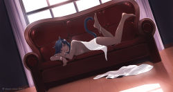 Rule 34 | 1girl, animal ears, anklet, artist name, bangle, barefoot, blunt bangs, bracelet, breasts, cat ears, cat tail, closed mouth, couch, covering privates, curtains, dark-skinned female, dark skin, day, dead-robot, dutch angle, facing viewer, feet, full body, indoors, jewelry, legs up, lips, lying, medium breasts, no bra, nude cover, on couch, on stomach, original, reflective floor, shiny skin, sideboob, sleeping, smile, solo, tail, tan, the pose, toes, towel, window, wooden floor