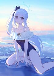 Rule 34 | 1girl, :o, bare shoulders, beach, blue archive, blue one-piece swimsuit, bow, breasts, casual one-piece swimsuit, cleavage, covered navel, feet out of frame, grey hair, hair bow, halo, long hair, looking at viewer, miyako (blue archive), miyako (swimsuit) (blue archive), one-piece swimsuit, outdoors, purple eyes, sand, shirt, side ponytail, sitting, small breasts, solo, swimsuit, v arms, very long hair, water, waves, wet, yokozuwari, yuura
