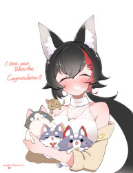 Rule 34 | 1girl, absurdres, animal, animal ear fluff, animal ears, black hair, blush, breasts, cardigan, cat, closed mouth, congratulations, covered collarbone, dress, grin, hair between eyes, highres, holding, holding animal, hololive, jewelry, kani bonara, large breasts, long hair, multicolored hair, necklace, ookami mio, ookami mio (street), ponytail, simple background, sleeveless, sleeveless dress, smile, streaked hair, too many, too many cats, turtleneck, turtleneck dress, upper body, very long hair, virtual youtuber, white background, white dress, wolf ears
